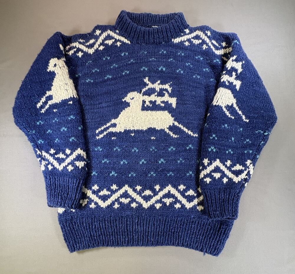 VTG Ecuador Hand Knit 100% Wool Reindeer Sweater Heavy Mock Neck Flawed